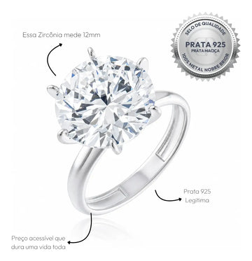 Anel Virgínia Solitário em Prata 925 com Zircônia 12mm - imagem 4